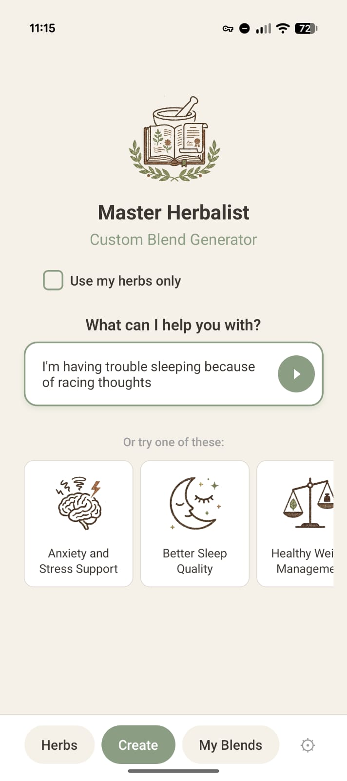 Custom herbal blend creator with personalized recipes